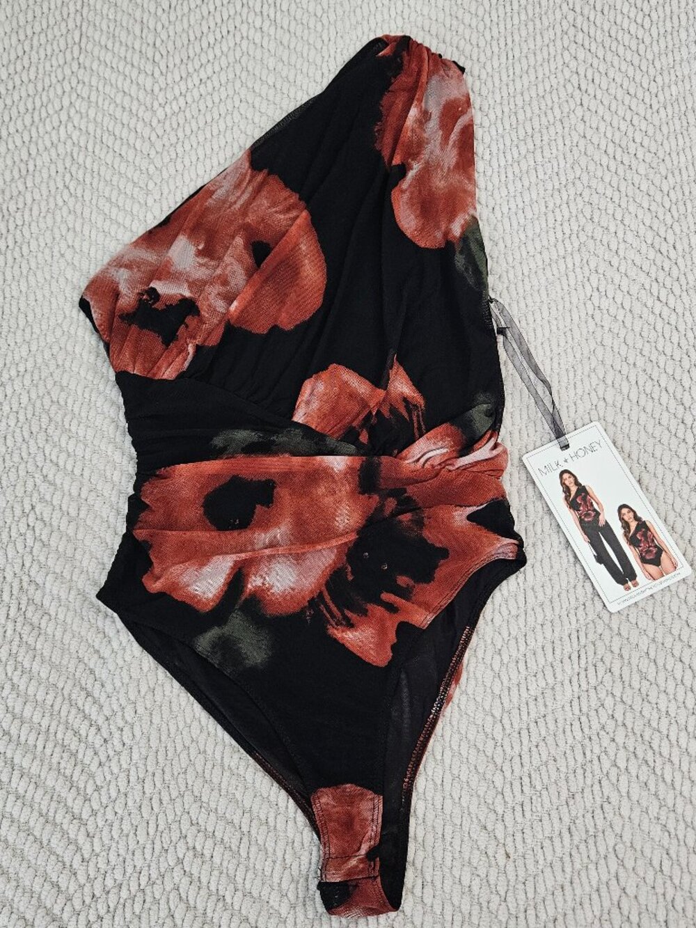 Milk + Honey Women's Black Rust Floral One-Shoulder Bodysuit Polyester Size S